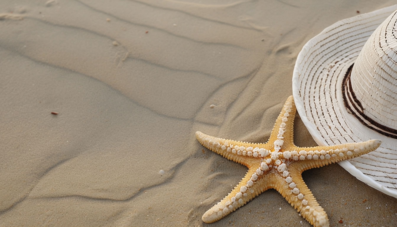 Serene Beach Still Life with Starfish and White Hat Virtual Background