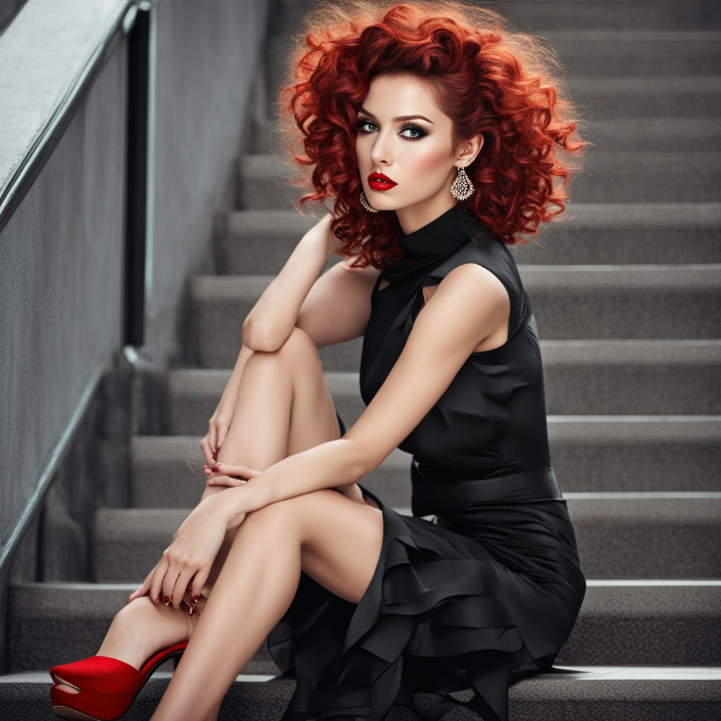 a woman with red hair and a black dress