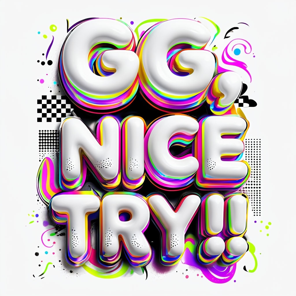 Vibrant 3D "GG, NICE TRY!!" Digital Art for Motivation Poster