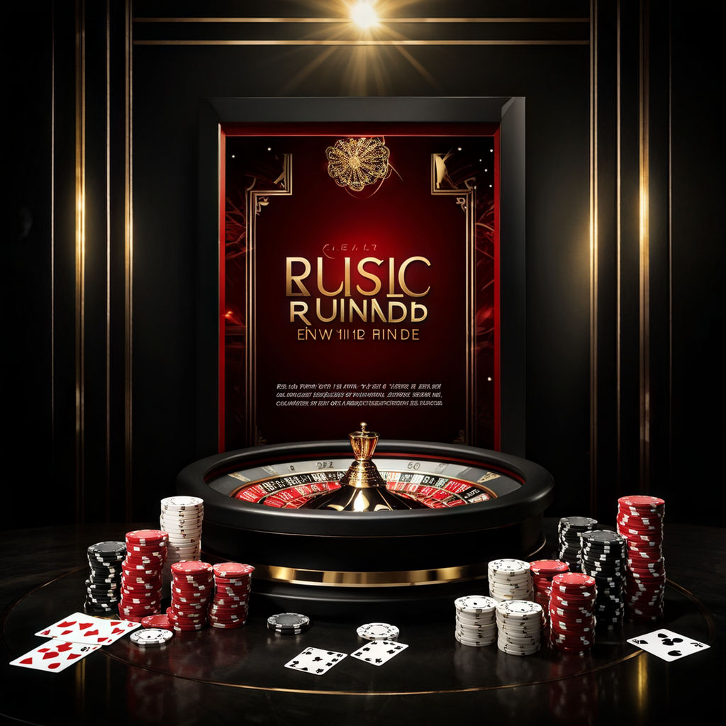 Casino poster for "Club Erste Runde" with integrated "Büren" location, sleek, dark background in black, gold, deep red, high-quality images of poker chips, playing cards, dice, roulette wheels, slot machines, elegant lighting effects, reflections for depth, glamour, subtle patterns, textures for luxury, conveys sophistication, elegance, excitement, luxurious casino atmosphere, no human figures, text, digital render, golden ratio