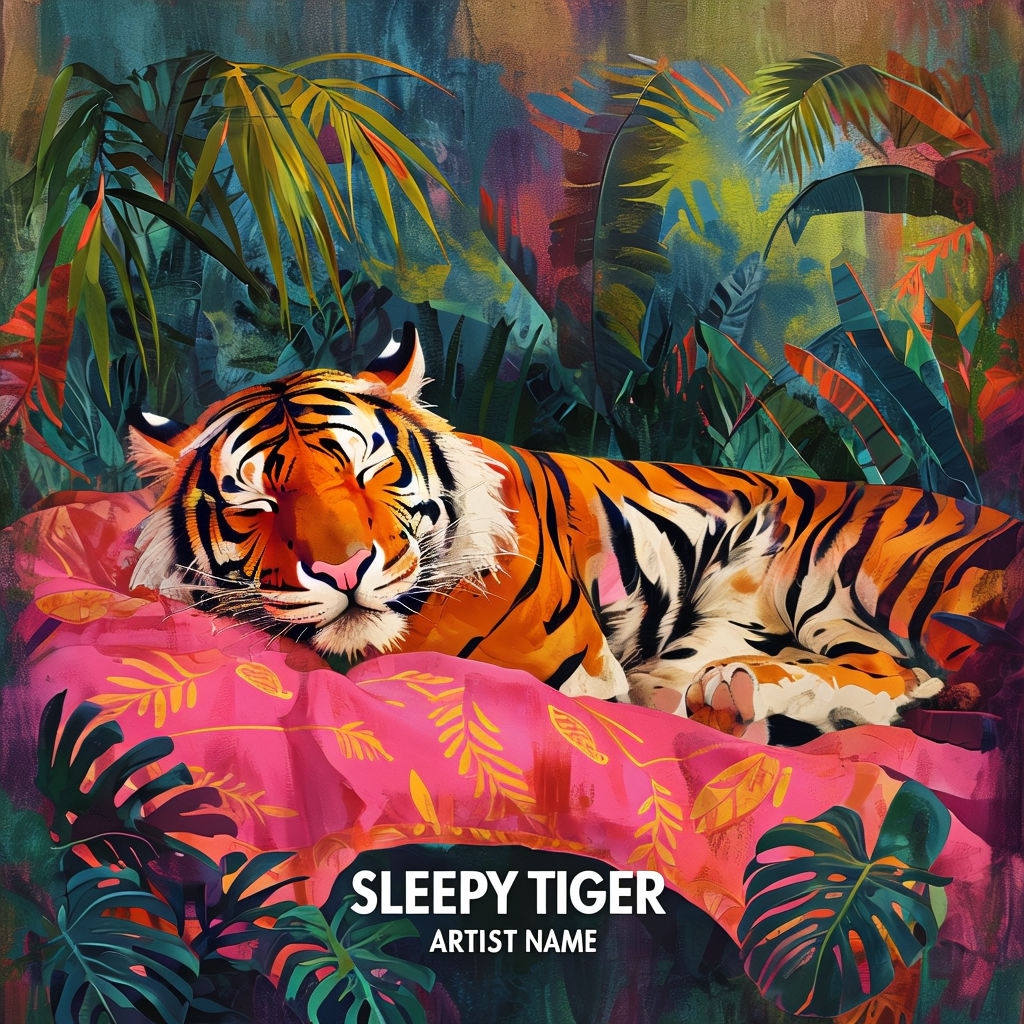 Vibrant Sleepy Tiger Artwork with Tropical Jungle Background Spotify Album Cover