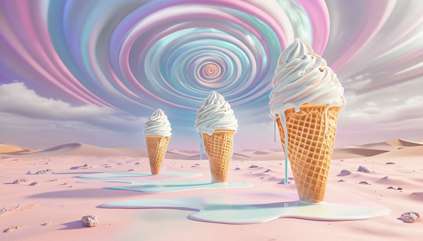 Surreal Dreamy Desert Landscape with Ice Cream Cones Background