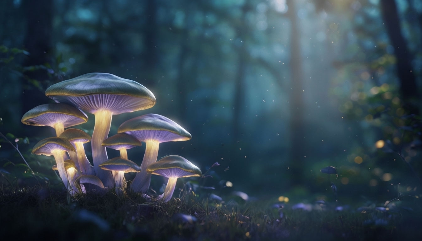 Ethereal Twilight Forest Clearing with Bioluminescent Mushrooms Virtual Background