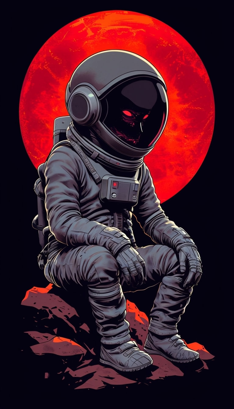 Futuristic Alien in Spacesuit with Red Celestial Planet Mobile Wallpaper