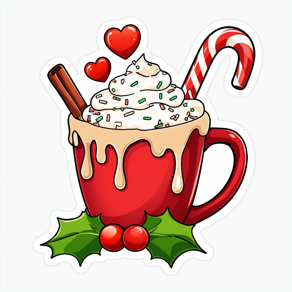 Festive Hot Cocoa Mug with Candy Cane and Hearts Sticker