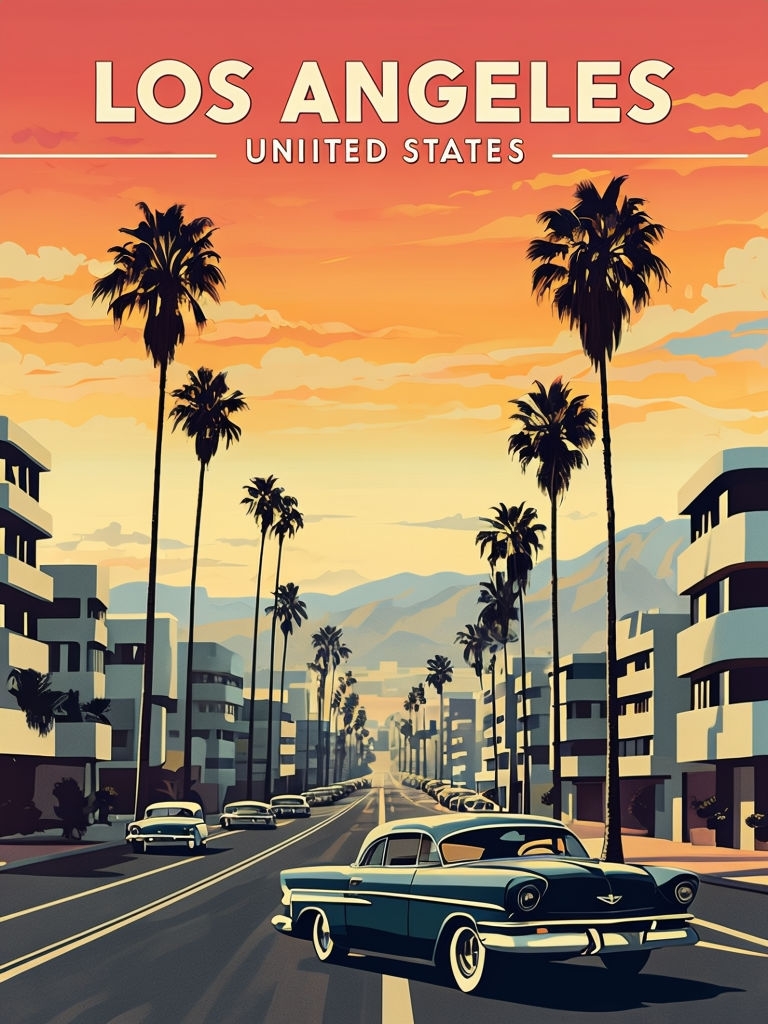 Nostalgic Vintage Los Angeles Sunset Road Illustration Poster