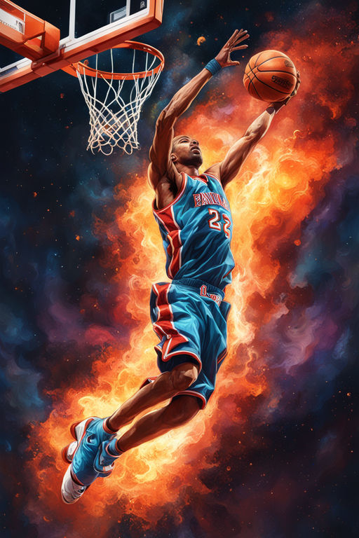 “An expressive oil painting of a basketball player dunking by Vidskof ...