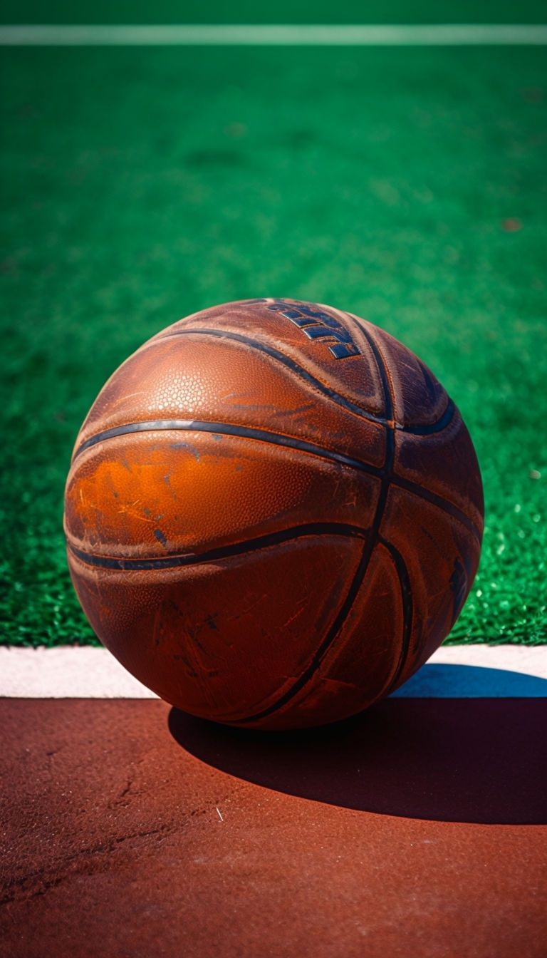 Worn Basketball Close-Up Against Vibrant Green Background Mobile Wallpaper