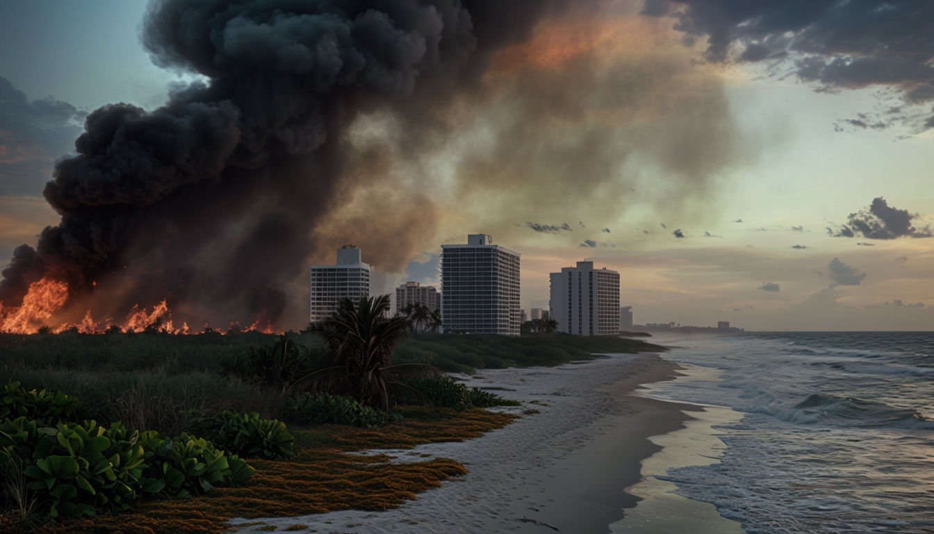 Dramatic Miami Beach Sunset with Fire and Smoke Virtual Background