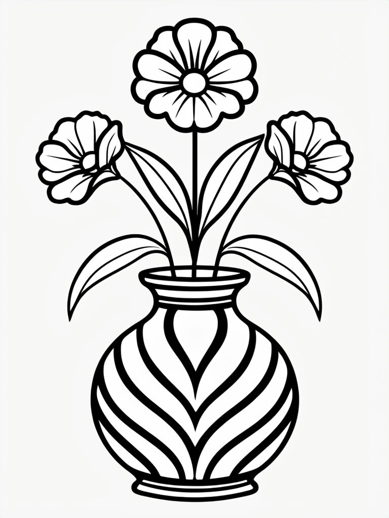 Elegant Black and White Floral Vase Line Drawing Coloring Page