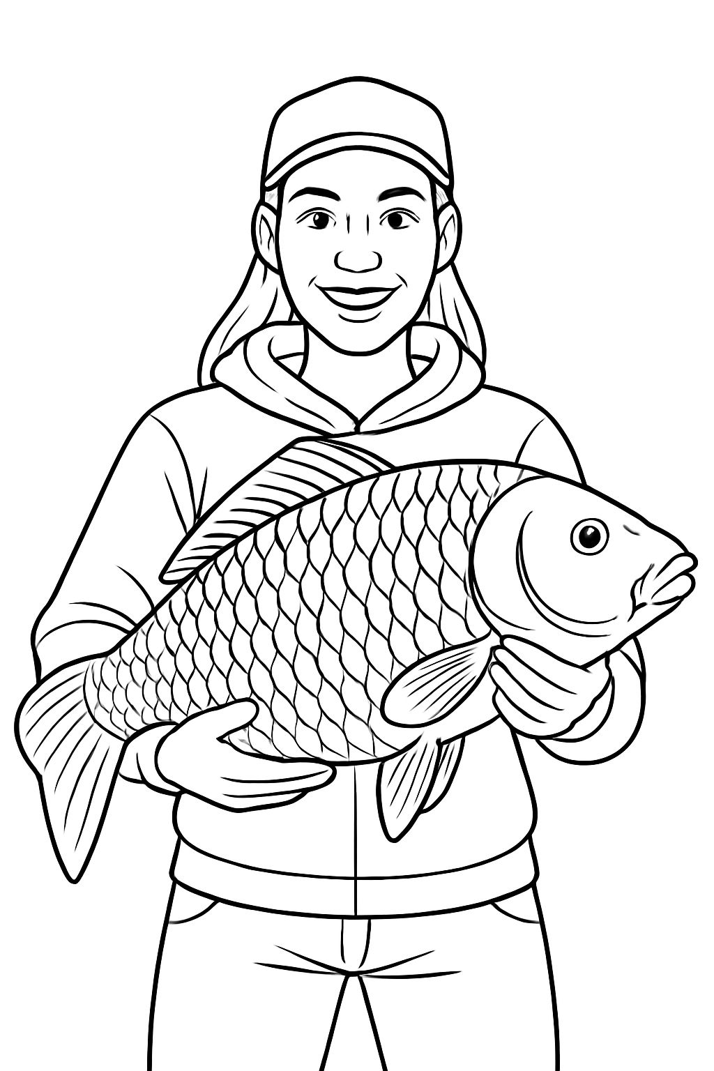 Smiling Person Holding a Large Fish Line Drawing Coloring Page