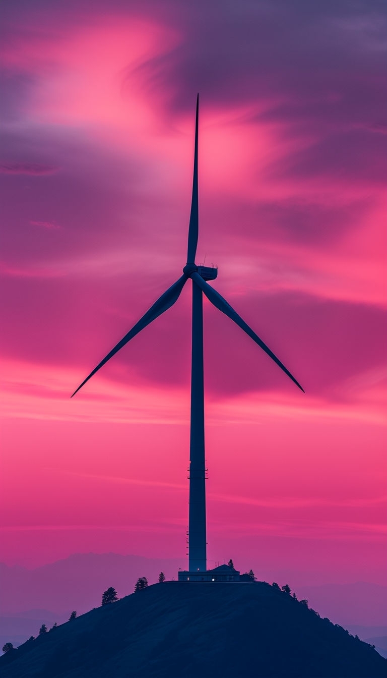 Majestic Wind Turbine Silhouette Against Magenta Sunset Sky Mobile Wallpaper