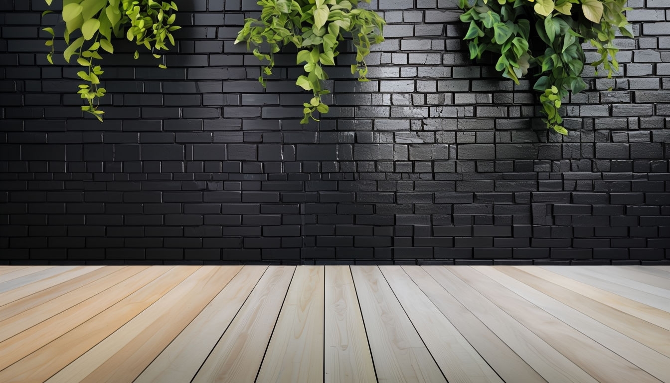 Modern Interior Scene with Black Brick Wall and Wooden Floor Virtual Background