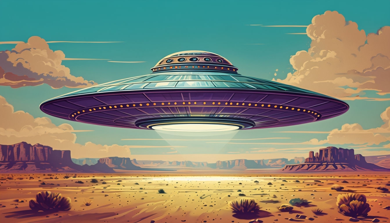 Vintage Flying Saucer in Desert Landscape Art Poster