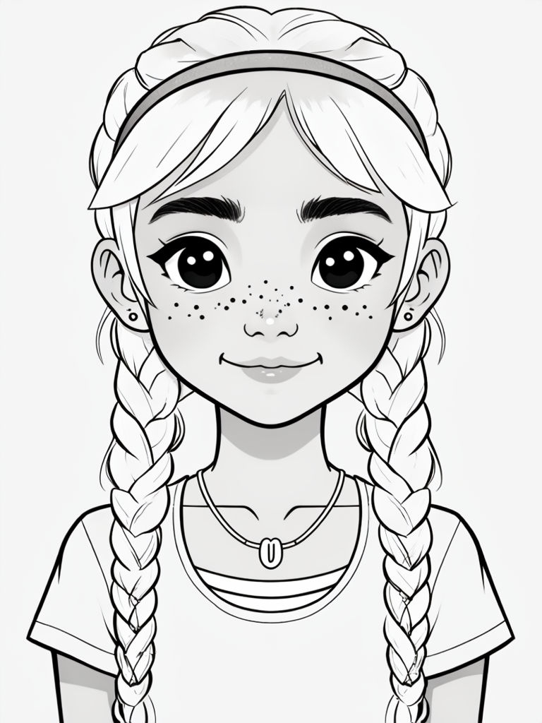 Cheerful Young Girl with Braids Black and White Line Art Coloring Book Pages