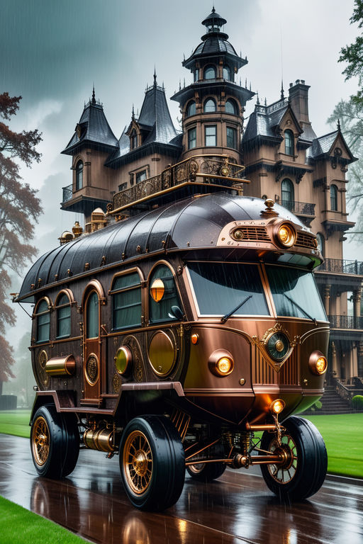 Steampunk RV vehicle with many big wheels in rainy weather s... by ...