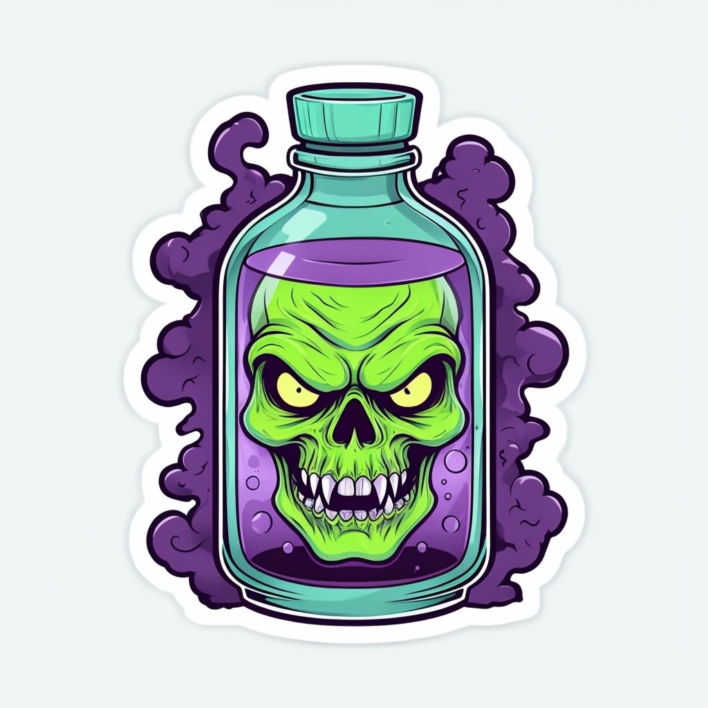 Eerie Cartoon Skull in Bottle with Glowing Ghostly Effects Sticker