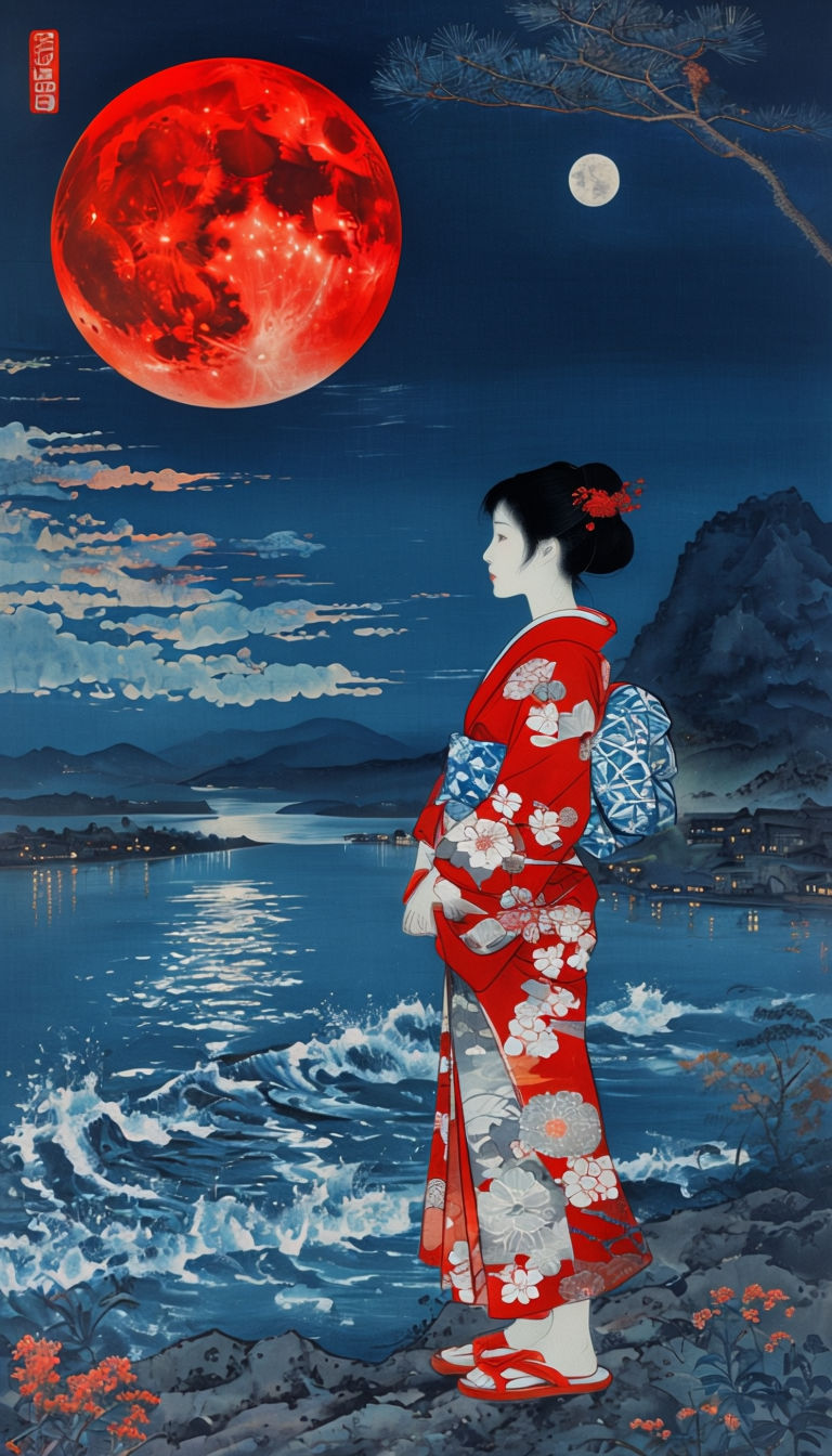 Tranquil Nighttime Japanese Woman in Kimono with Red Moon Art