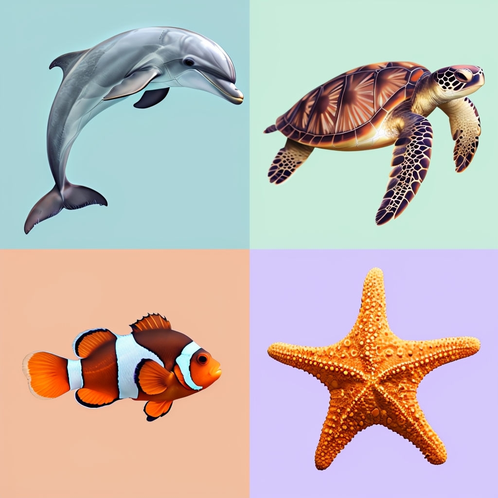Vibrant Marine Animals Collage with Pastel Backgrounds Pattern
