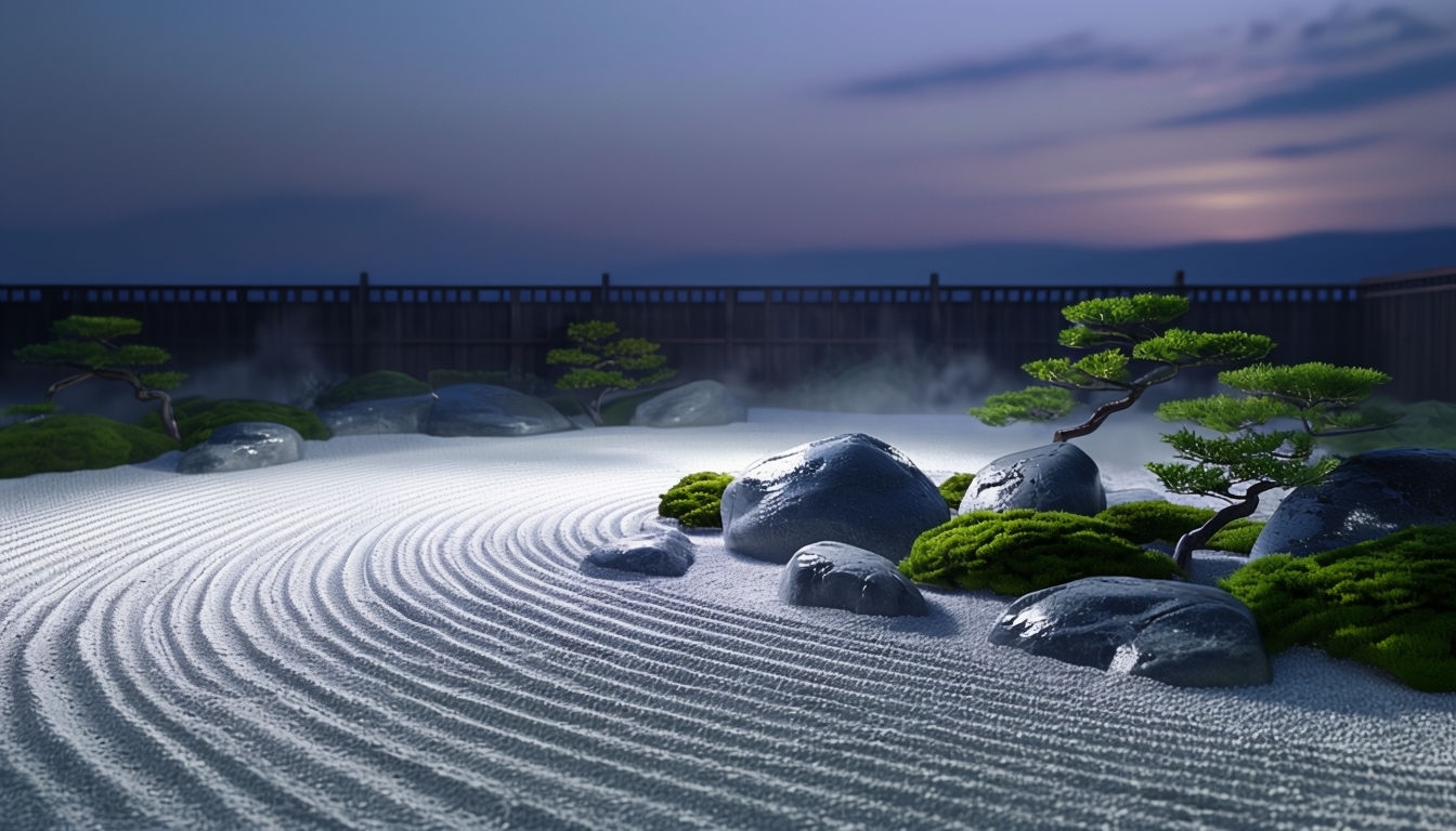 Serene Japanese Zen Garden at Twilight Digital Background