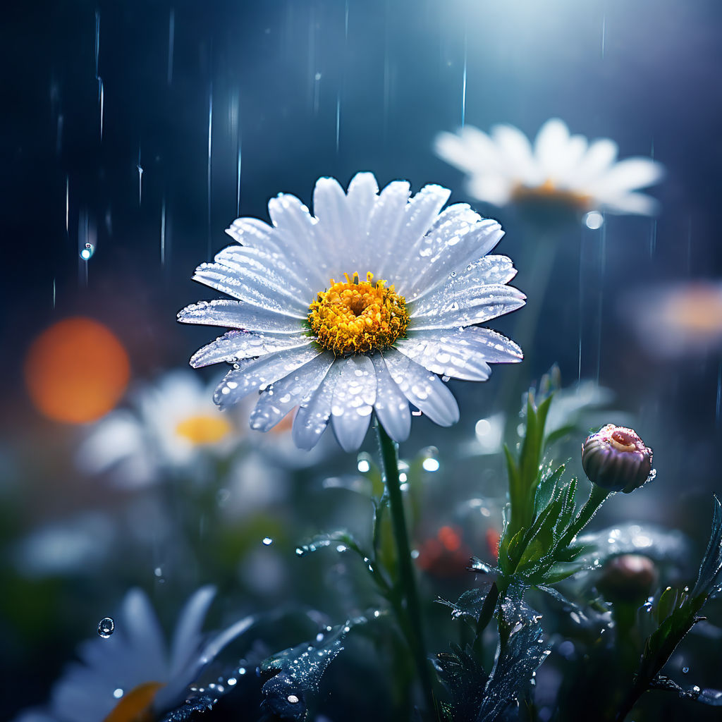 Create a high-resolution image of a rainy landscape with a mouse standing  under a drenched umbrella flower in a crystal style art. Mice look at the  raindrops from the colorful daisy petals