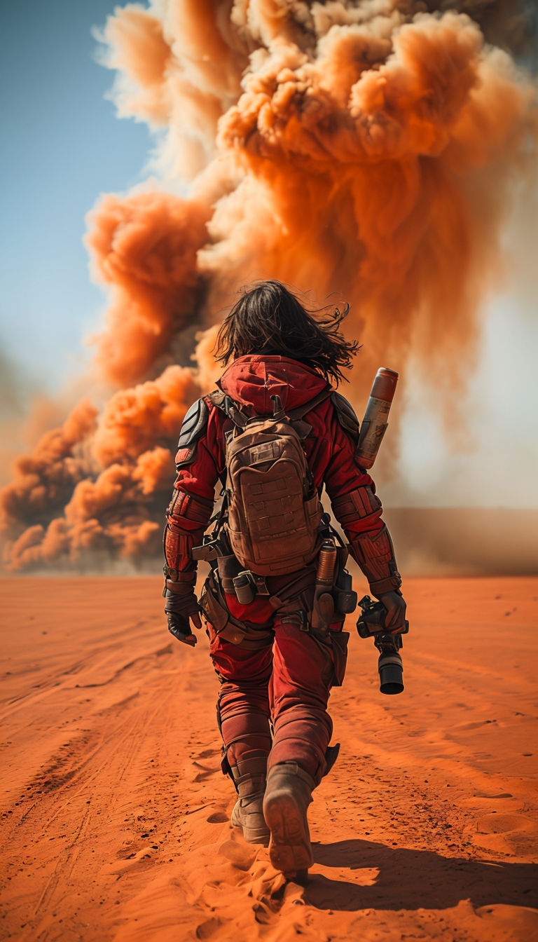 Lone Adventurer in Crimson Armor Walking Through Dramatic Desert Scene Art