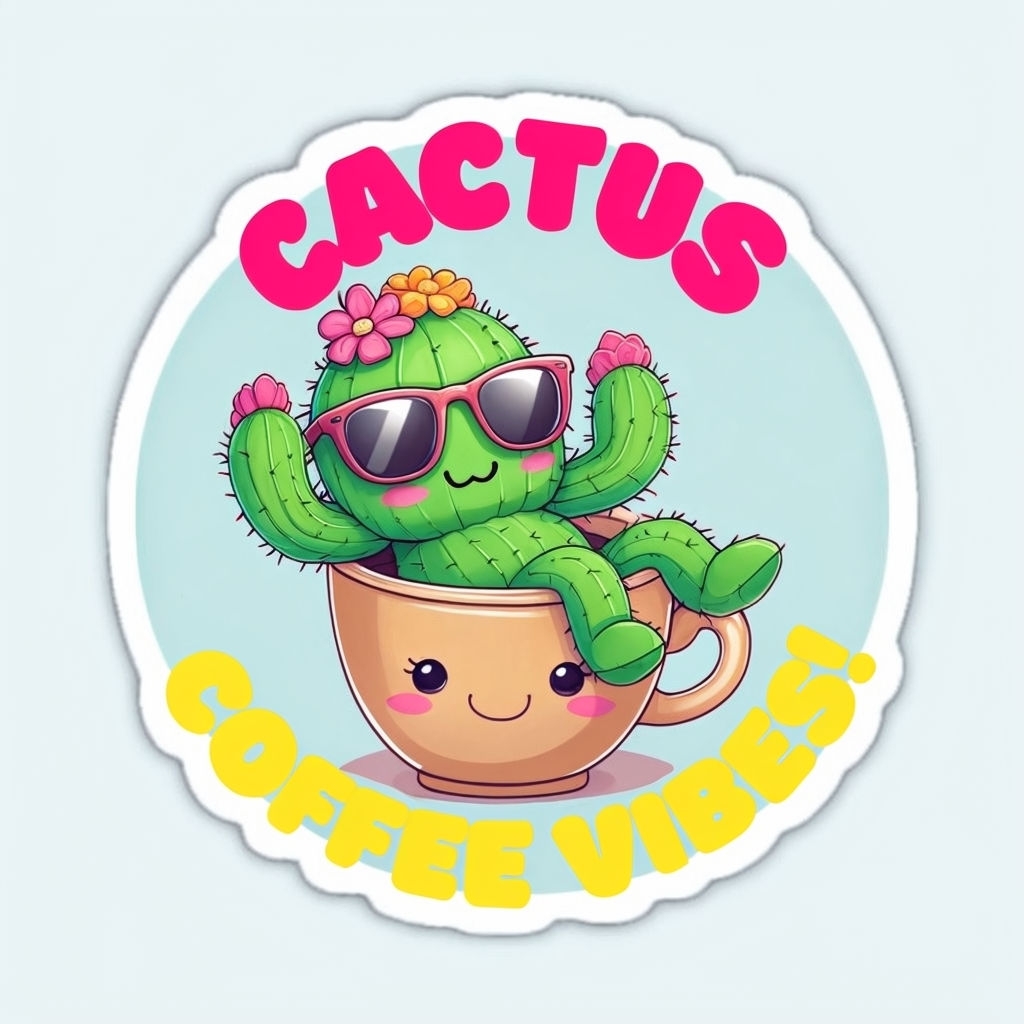 Cheerful Cactus Coffee Vibes Fun Sticker