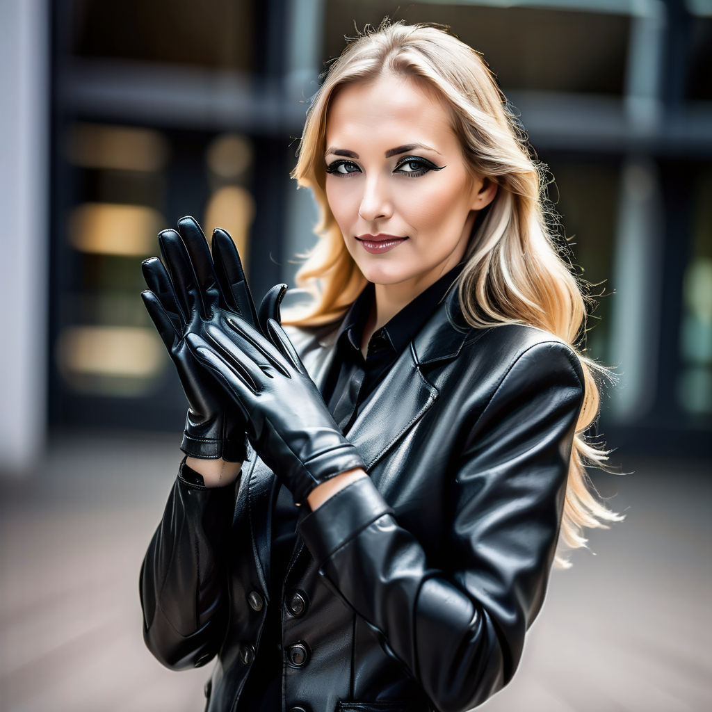 female 35 year old victorian lady in long black leather gloves