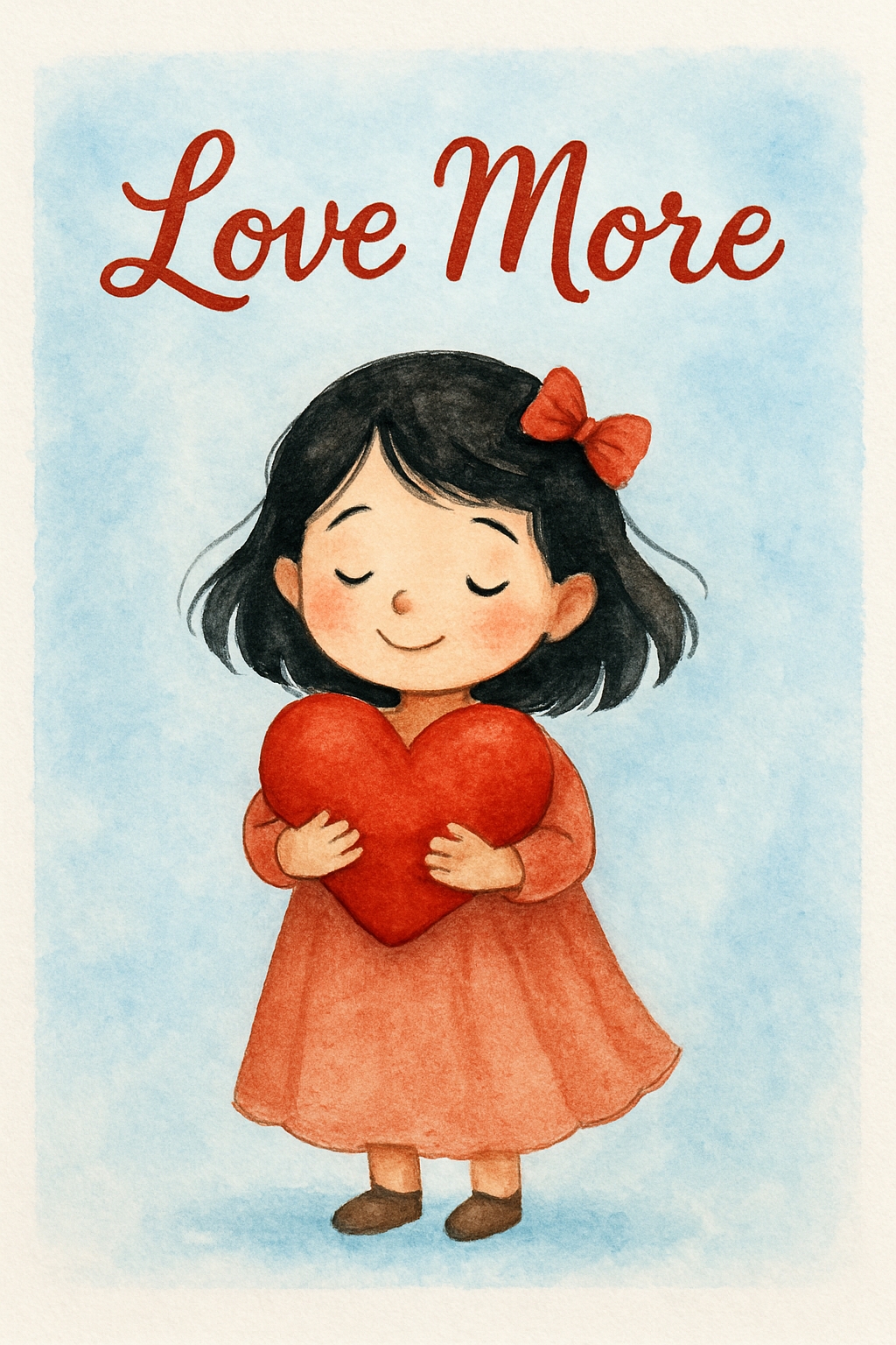 Whimsical Watercolor Illustration of a Girl with Heart Card