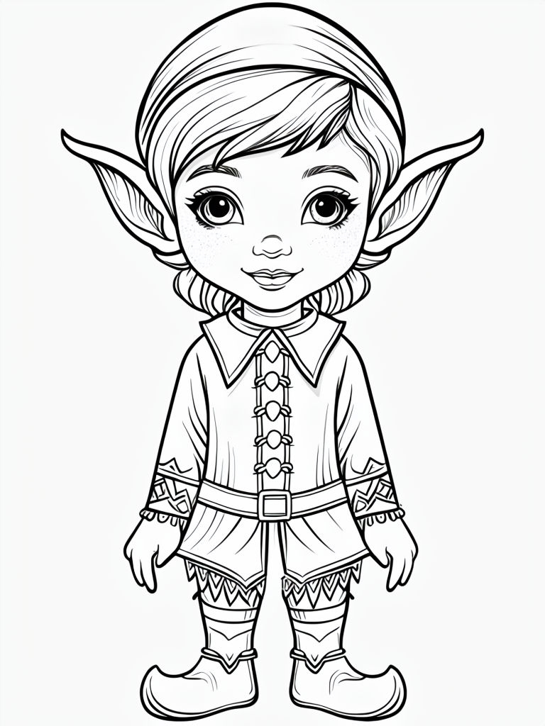 Cute Whimsical Elf Line Art Illustration for Coloring Book Page