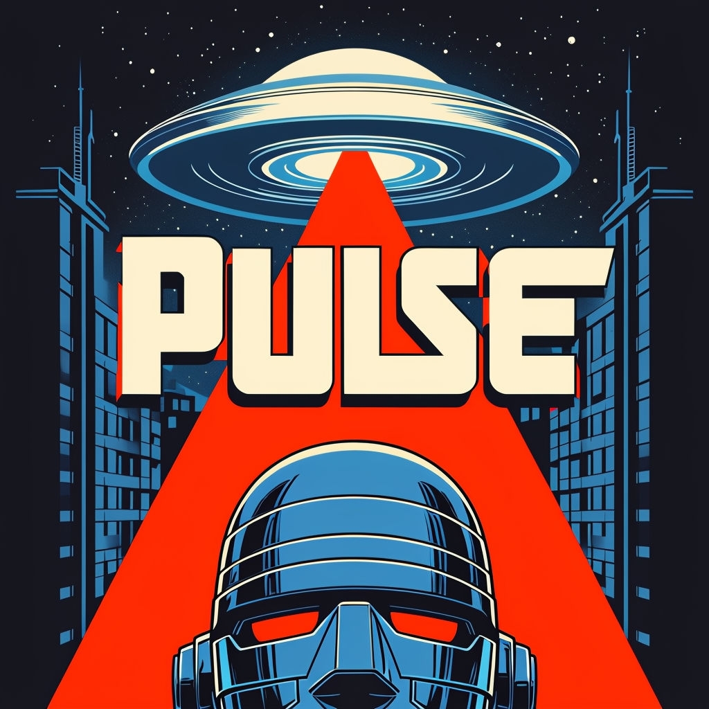 Retro-Futuristic Pulse Illustration with RoboCop and UFO Cover Spotify Album Cover