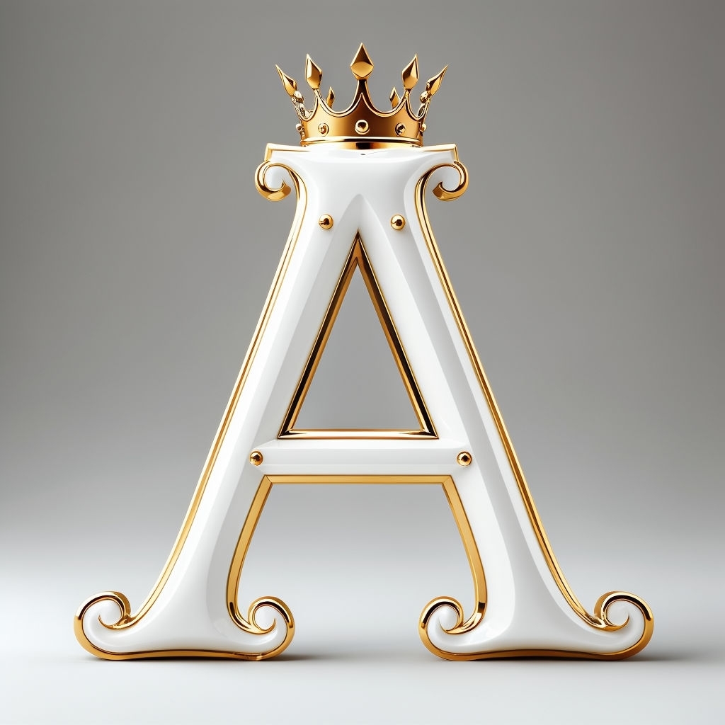 Elegant 3D Letter A with Gold Accents and Crown Illustration Monogram