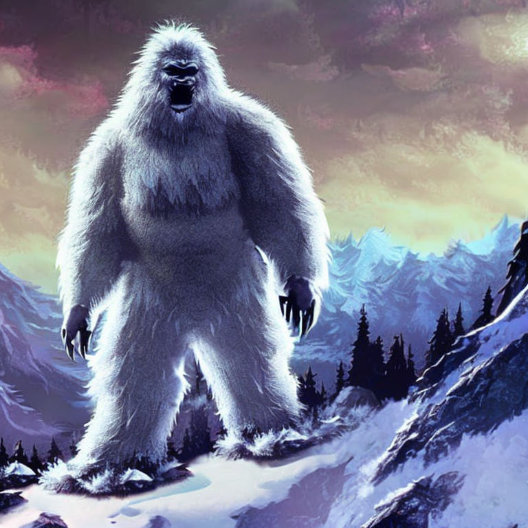 1980s dark fantasy film of a giant snow yeti walking through... by ...