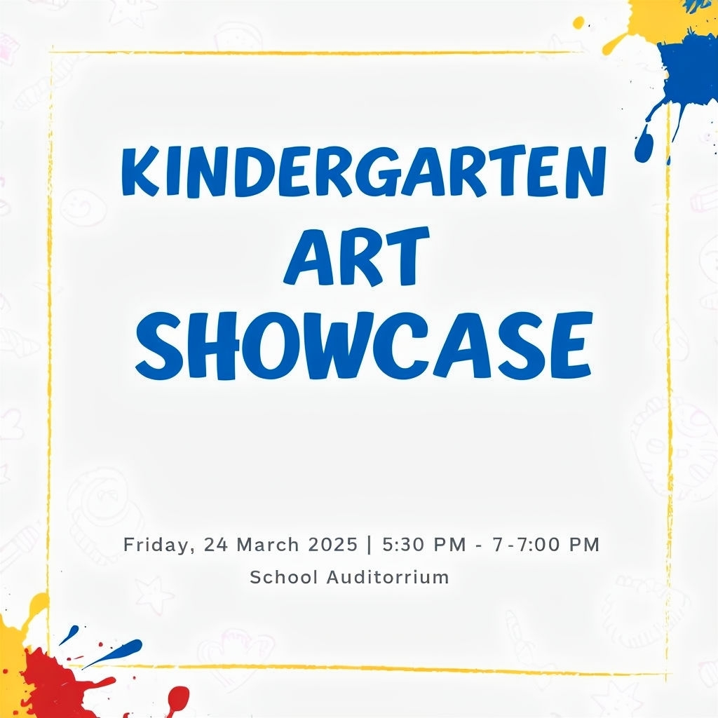 Vibrant Kindergarten Art Showcase Event Sign for Social Media Post