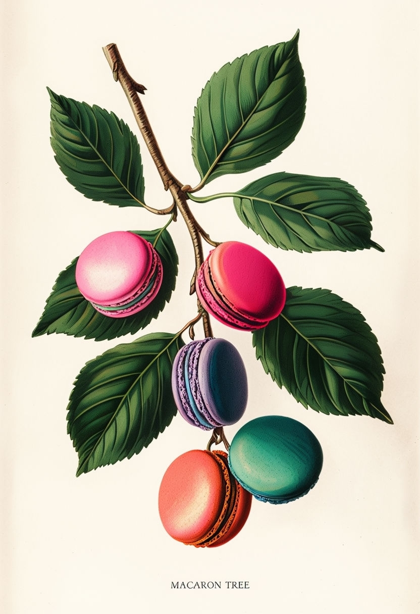 Whimsical Botanical Macaron Tree Illustration Poster