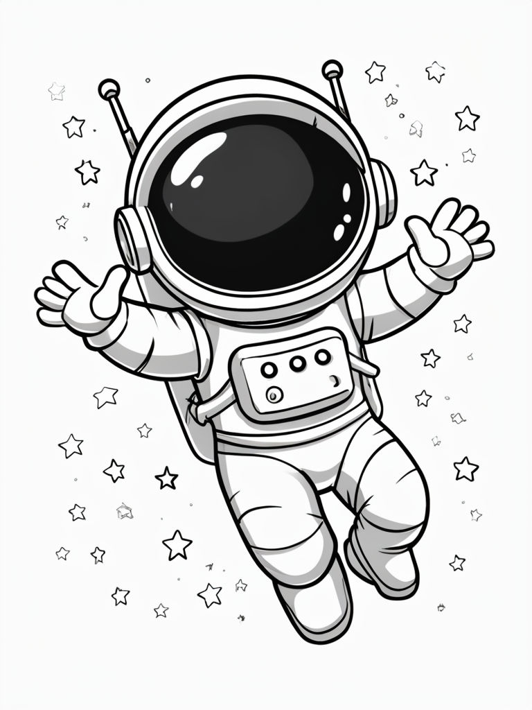 Charming Cartoon Astronaut Floating in Space Line Drawing Coloring Book Pages