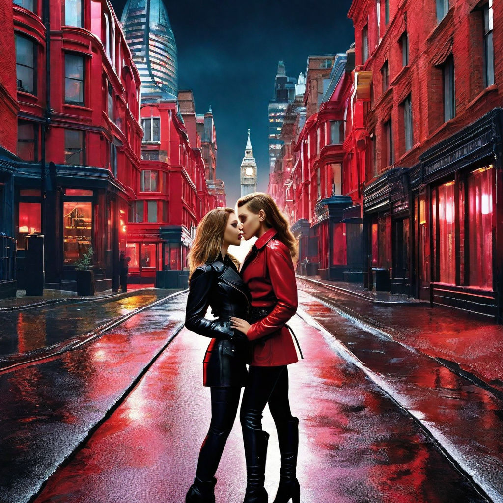 Hijabi Black Widow( Eva Green) and a Hijabi Catwoman (Milla Jovovich)  kissing in the street shiny clothes leather thigh-high boots fashionable  gloves something around her neck wide shot