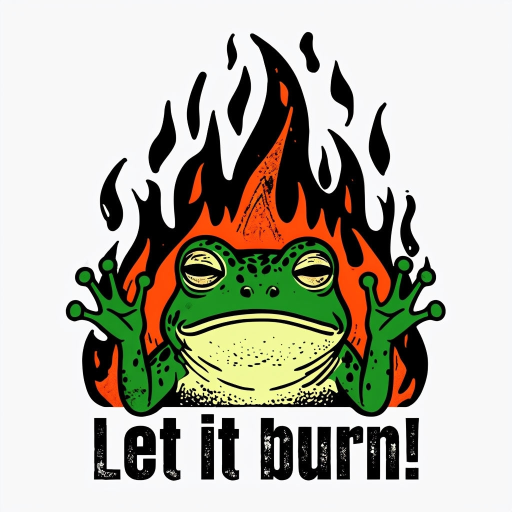 Humorous Green Frog in Flames Let It Burn Cartoon Sticker