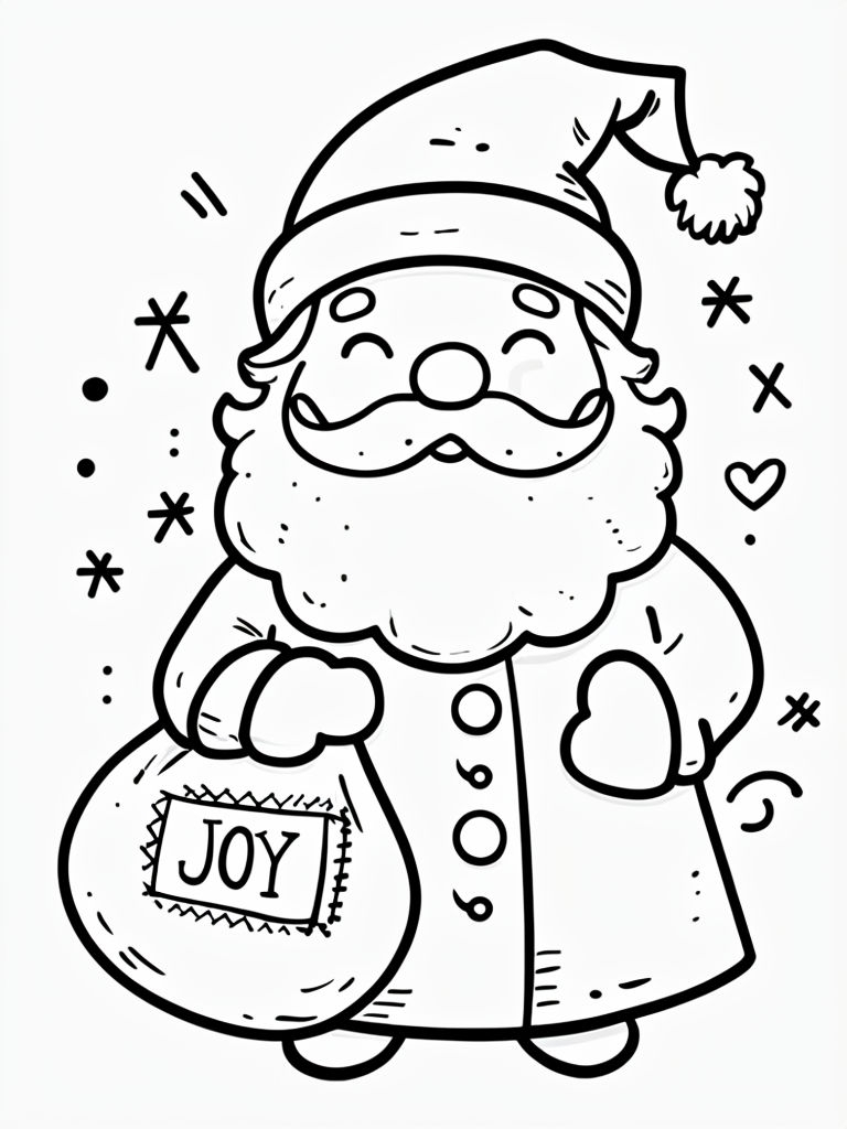 Cheerful Cartoon Santa Claus with Joy Sack Coloring Page