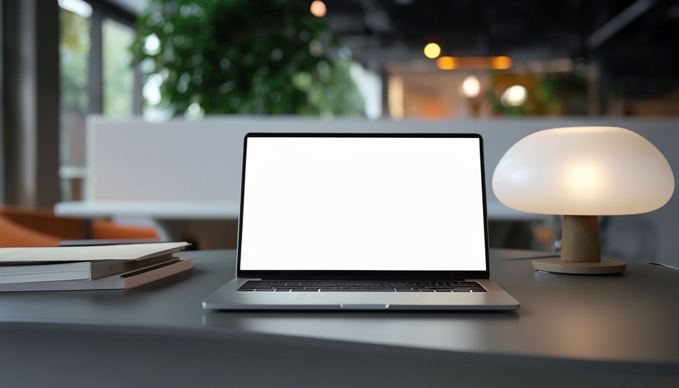 Contemporary Workspace with Sleek Laptop and Warm Lighting Mockup