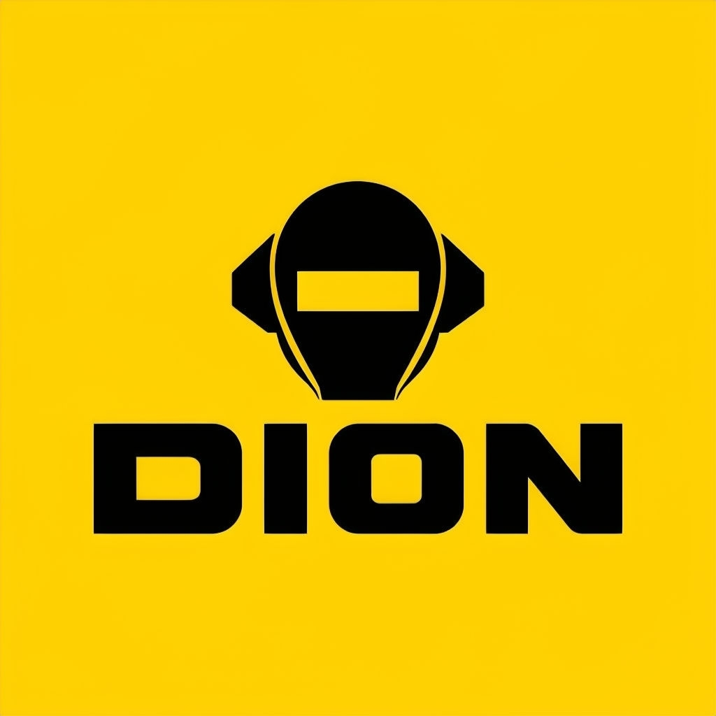 Abstract Welding Helmet DION Logo on Vibrant Yellow Background