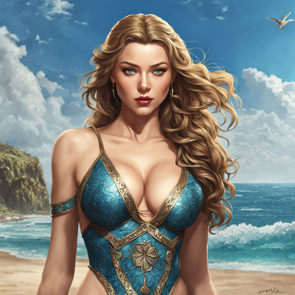 Make a heroic princess with big breasts. On a beach