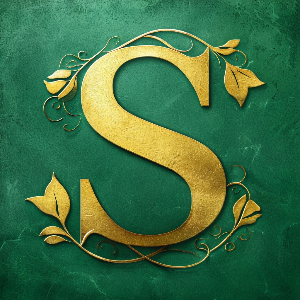 Elegant Gold Letter S with Floral Design on Emerald Background Monogram