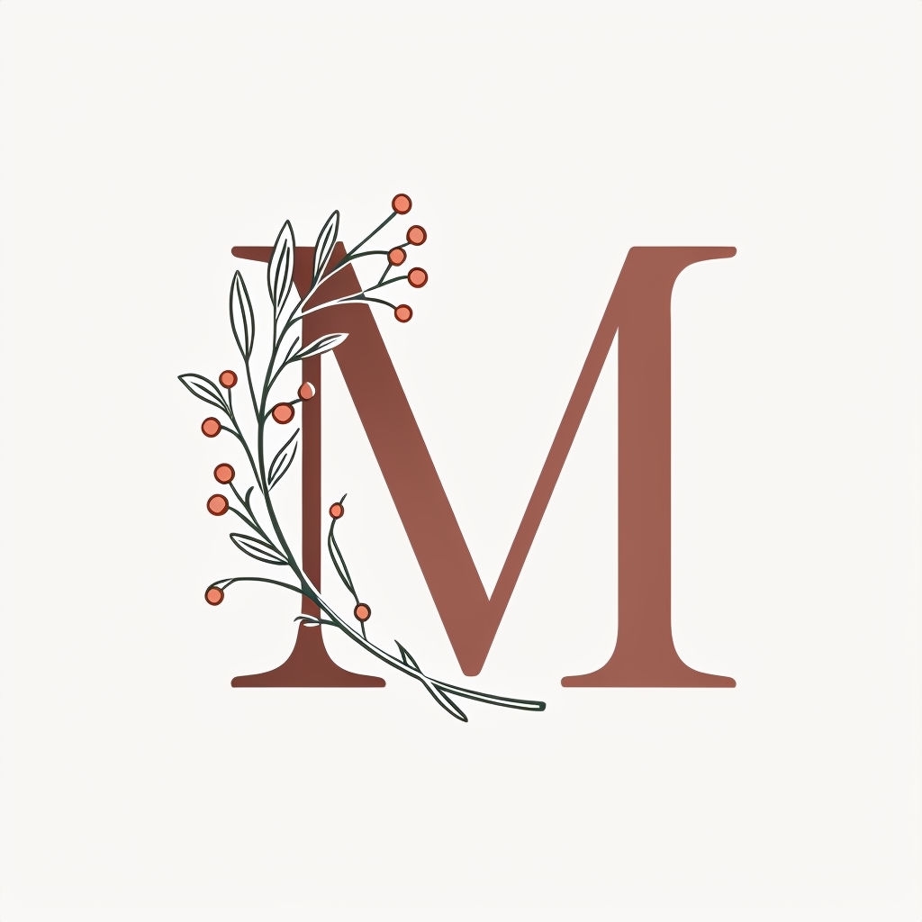 Elegant Brown M Monogram with Botanical Outline Design Monogram