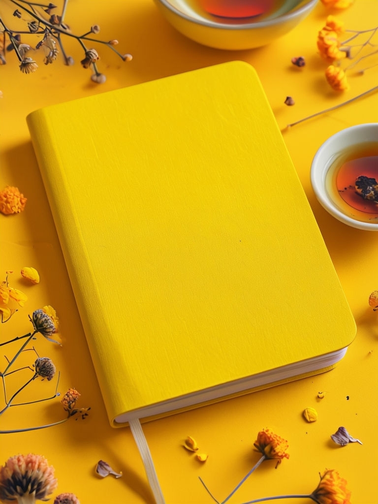 Vibrant Yellow Notebook with Dried Flowers Art Print