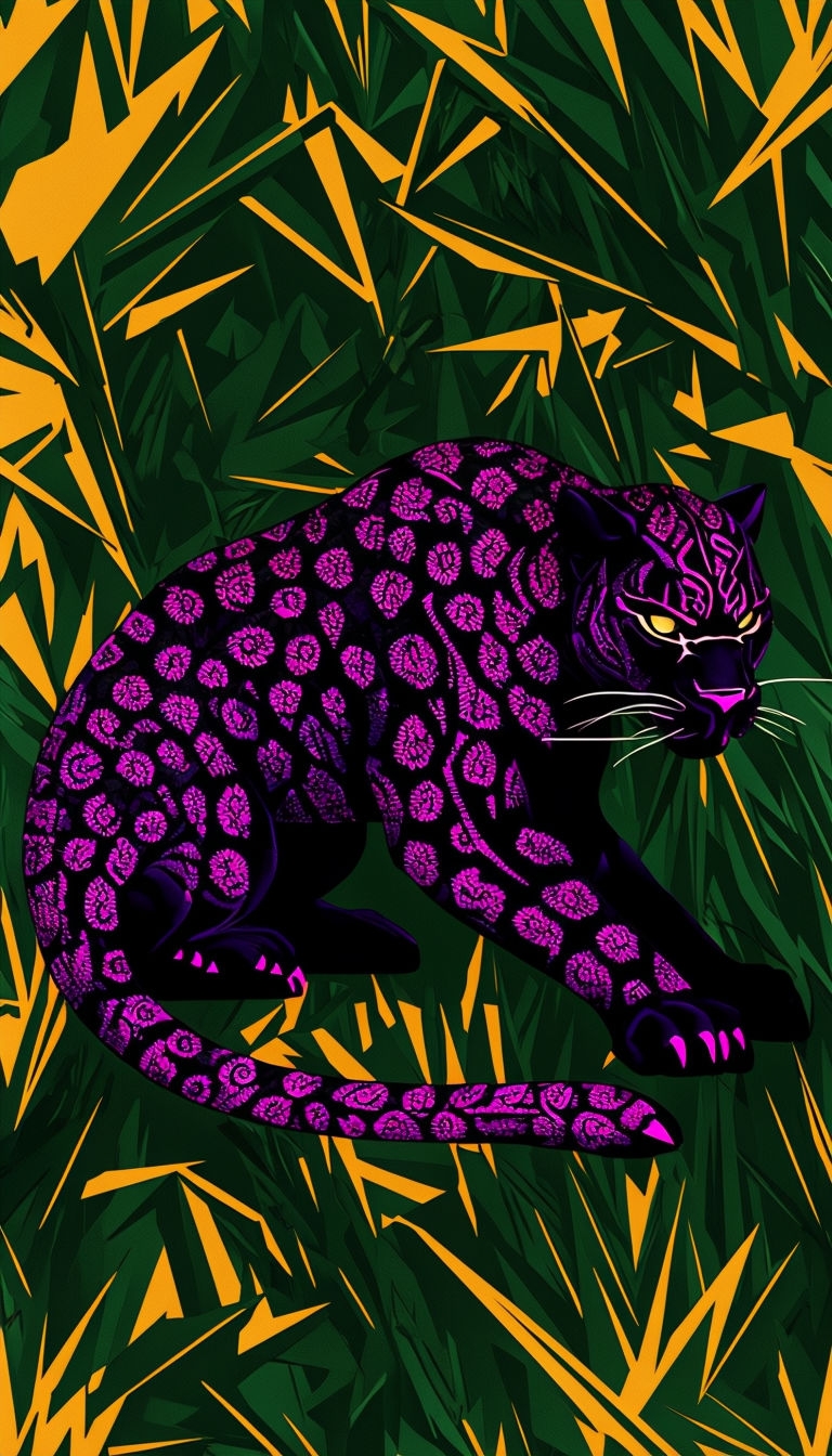Powerful Black Panther Silhouette with Neon Fuchsia Patterns Mobile Wallpaper