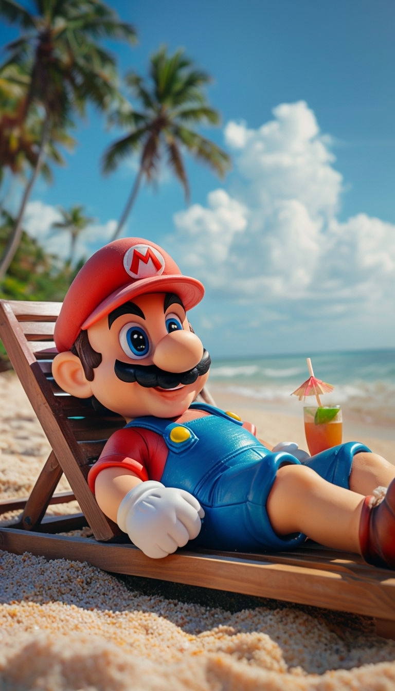 Playful Mario Figurine on Tropical Beach Lounge Chair Art