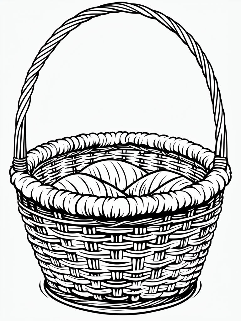 Minimalist Black and White Wicker Basket Line Drawing Coloring Book Pages