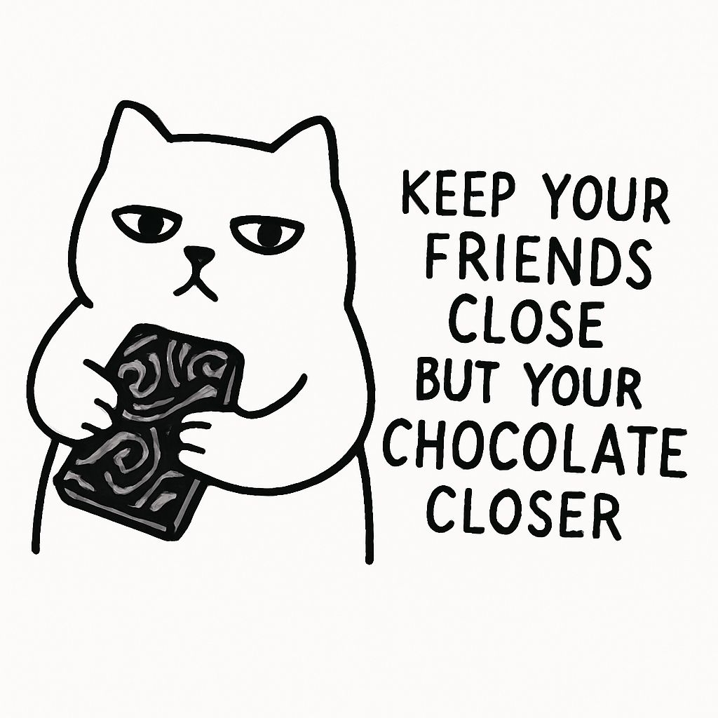 Minimalist White Cat Holding Chocolate Bar with Funny Text Sticker