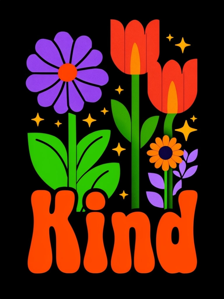 Vibrant Retro 'Kind' Flowers and Stars Illustration Poster